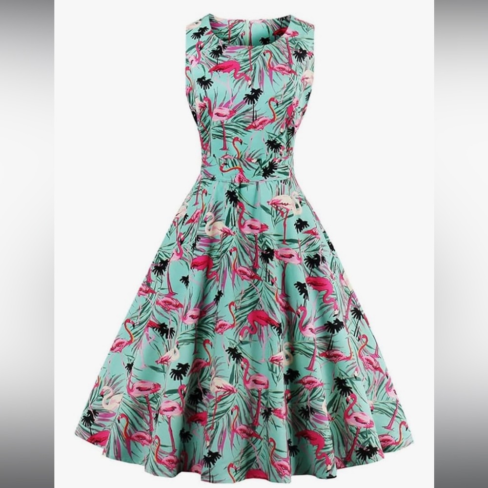 Wellwits Women's Tropical Leaf Flamingo Hepburn 1950s Vintage Swing Dress